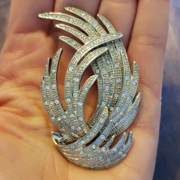 Silver Tone Crystal Accented Wing Feather Brooch - Picture 3 of 6